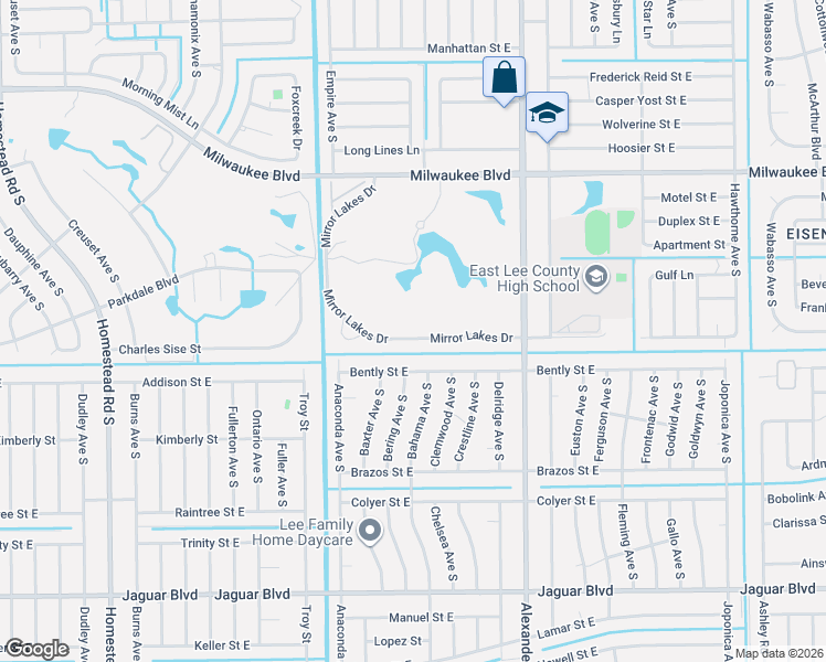 map of restaurants, bars, coffee shops, grocery stores, and more near 733 Mirror Lakes Drive in Lehigh Acres