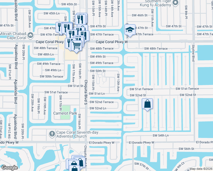 map of restaurants, bars, coffee shops, grocery stores, and more near 1518 Southwest 50th Street in Cape Coral