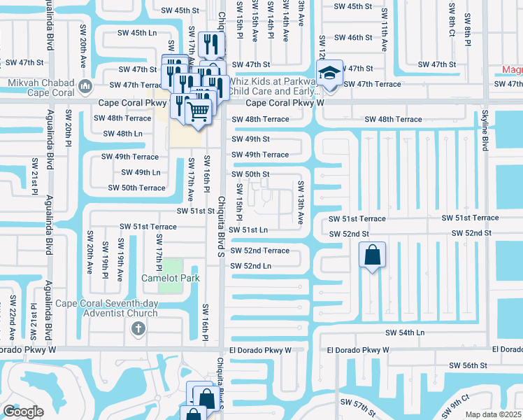 map of restaurants, bars, coffee shops, grocery stores, and more near 1516 Southwest 50th Street in Cape Coral