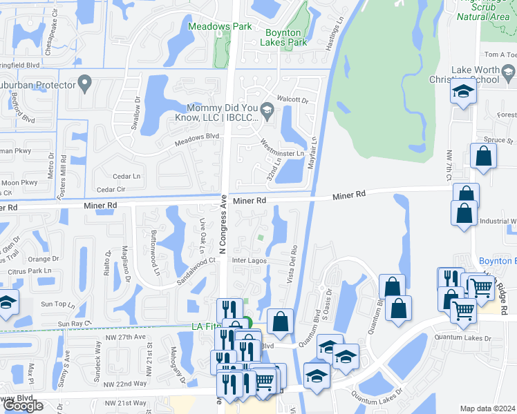 map of restaurants, bars, coffee shops, grocery stores, and more near 85 Vía De Casas Norte in Boynton Beach