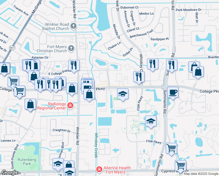 map of restaurants, bars, coffee shops, grocery stores, and more near College Pkwy & Riverwalk Park Blvd in Whiskey Creek