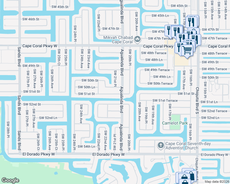 map of restaurants, bars, coffee shops, grocery stores, and more near 2118 Southwest 50th Lane in Cape Coral