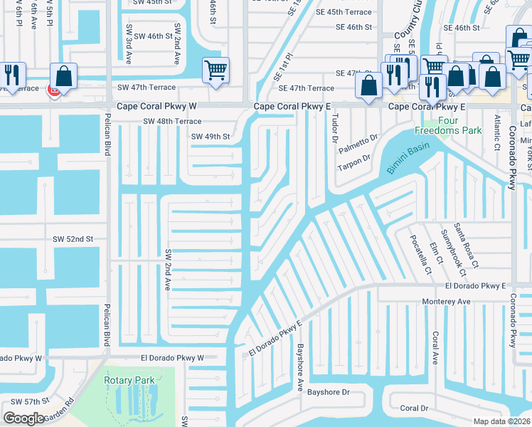 map of restaurants, bars, coffee shops, grocery stores, and more near 5038 Saxony Court in Cape Coral
