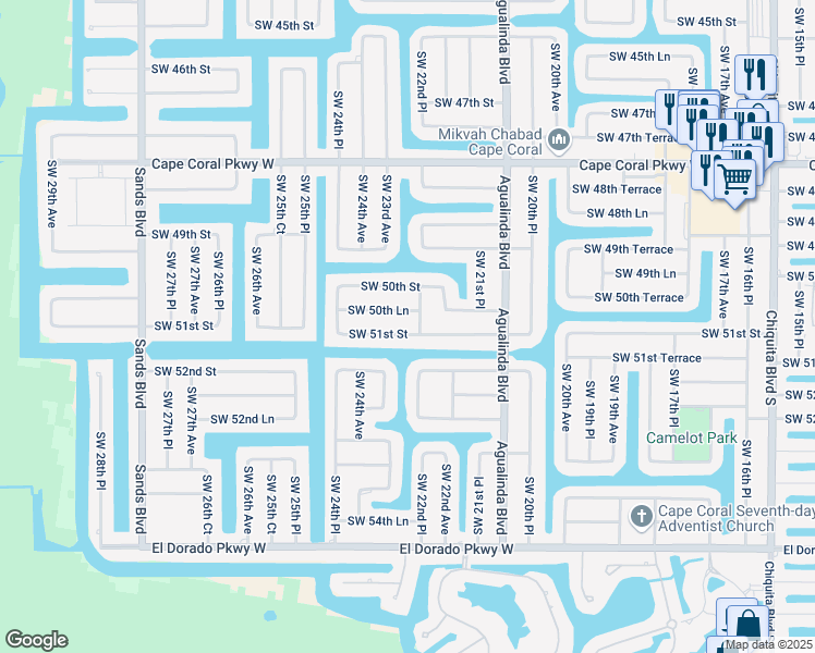 map of restaurants, bars, coffee shops, grocery stores, and more near 2219 Southwest 51st Street in Cape Coral
