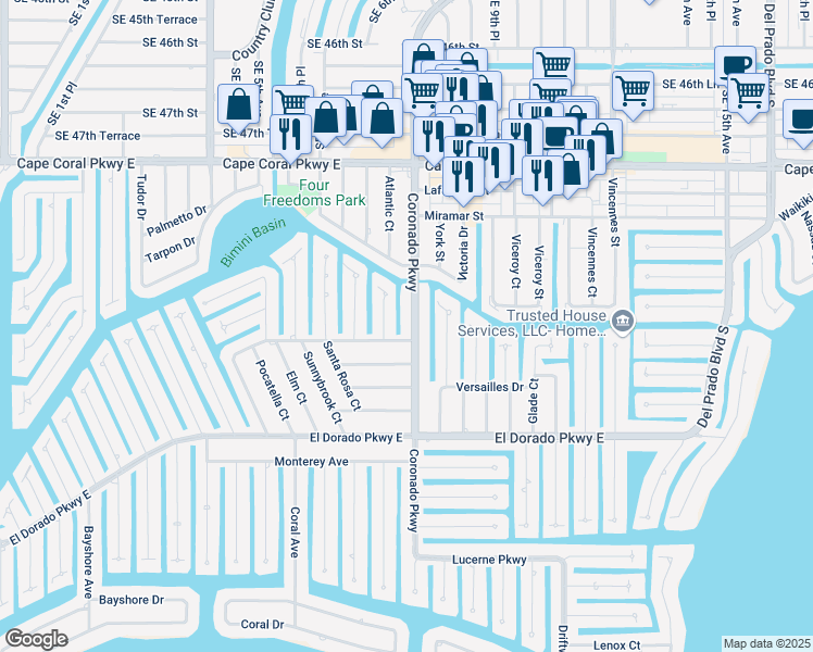 map of restaurants, bars, coffee shops, grocery stores, and more near 5118 Coronado Parkway in Cape Coral