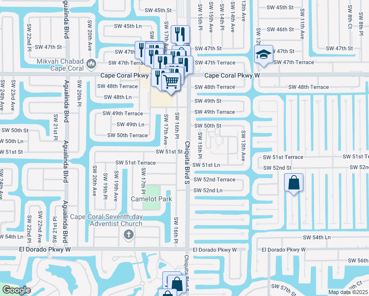 map of restaurants, bars, coffee shops, grocery stores, and more near 5027 Chiquita Boulevard South in Cape Coral
