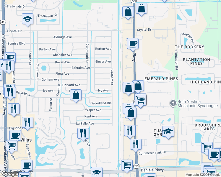 map of restaurants, bars, coffee shops, grocery stores, and more near 2456 Harvard Avenue in Fort Myers