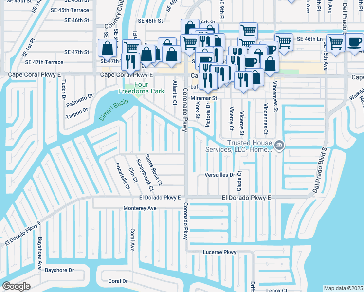 map of restaurants, bars, coffee shops, grocery stores, and more near 5118 Coronado Parkway in Cape Coral