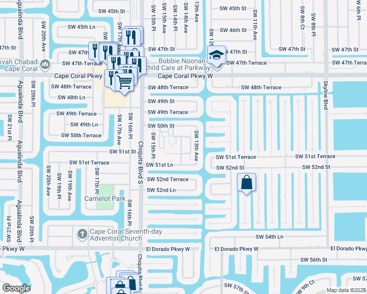 map of restaurants, bars, coffee shops, grocery stores, and more near 1420 Southwest Courtyards Terrace in Cape Coral