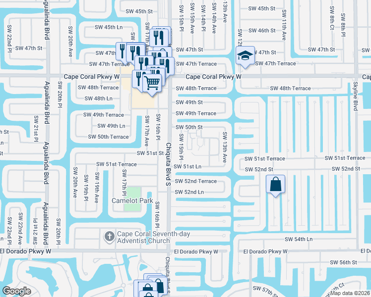 map of restaurants, bars, coffee shops, grocery stores, and more near 1508 Southwest 50th Street in Cape Coral