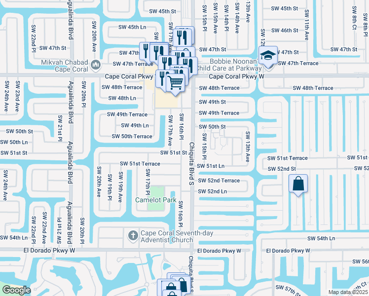 map of restaurants, bars, coffee shops, grocery stores, and more near 5022 Southwest 16th Place in Cape Coral