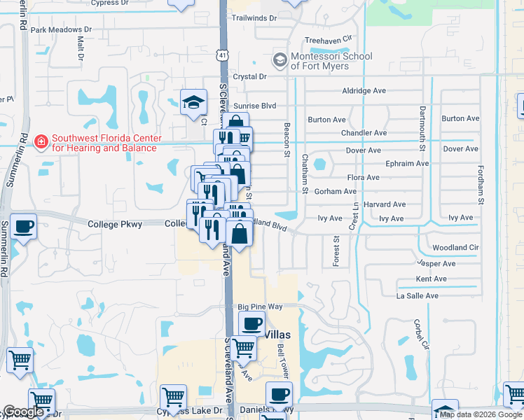 map of restaurants, bars, coffee shops, grocery stores, and more near 2107 Harvard Avenue in Fort Myers