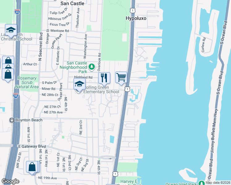 map of restaurants, bars, coffee shops, grocery stores, and more near 137 Waterside Drive in Hypoluxo