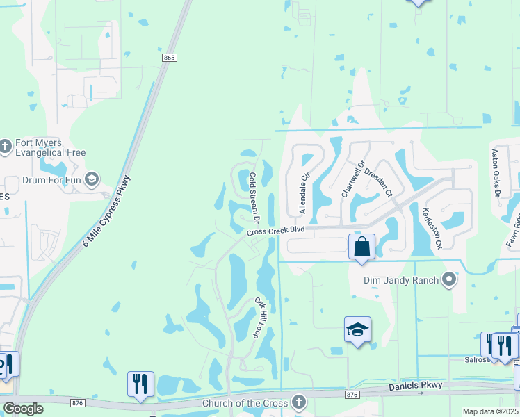 map of restaurants, bars, coffee shops, grocery stores, and more near 12531 Allendale Circle in Fort Myers