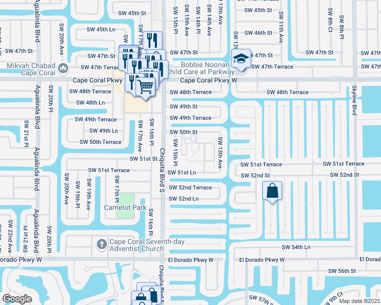 map of restaurants, bars, coffee shops, grocery stores, and more near 1508 Southwest 50th Street in Cape Coral