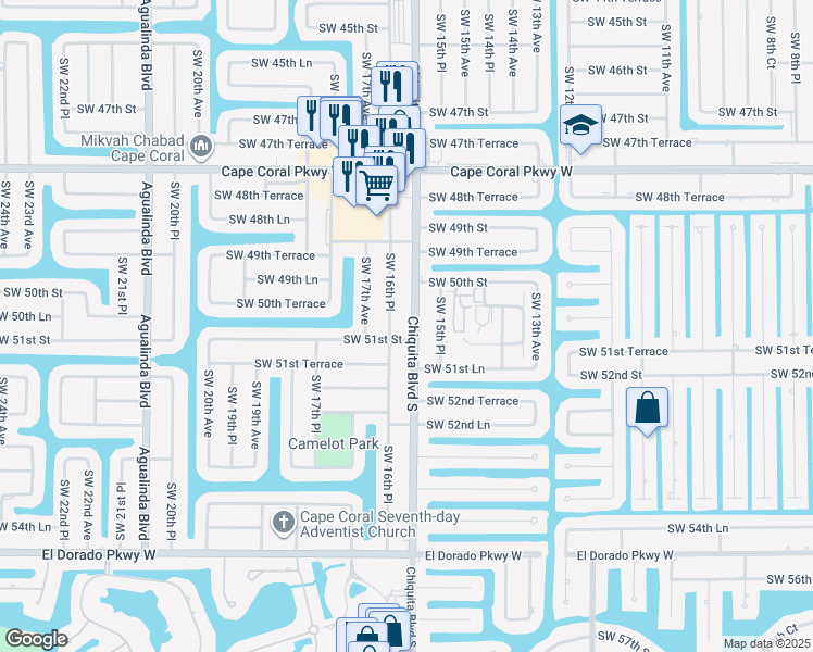 map of restaurants, bars, coffee shops, grocery stores, and more near 5027 Chiquita Boulevard South in Cape Coral