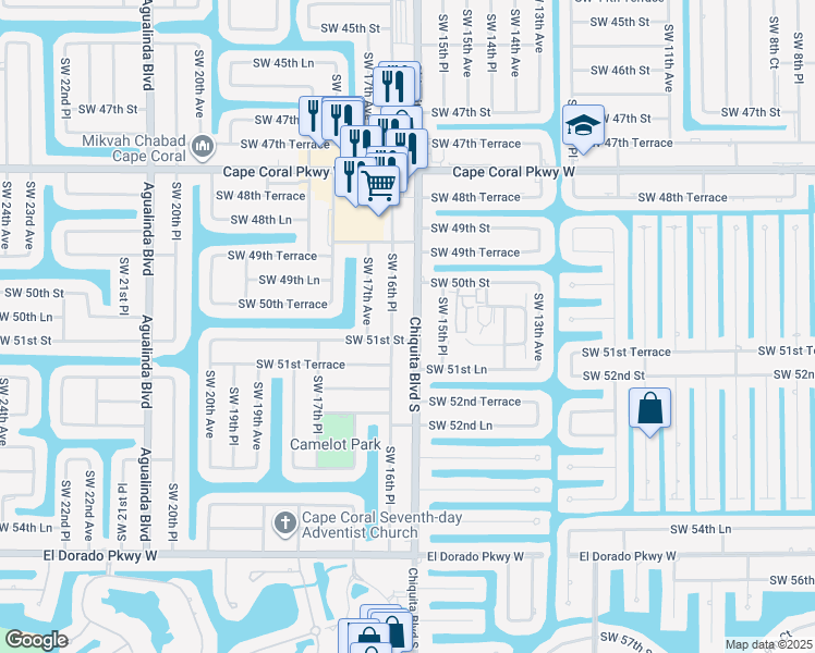 map of restaurants, bars, coffee shops, grocery stores, and more near 5027 Chiquita Boulevard South in Cape Coral