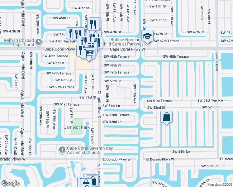 map of restaurants, bars, coffee shops, grocery stores, and more near 1522 Southwest 50th Street in Cape Coral