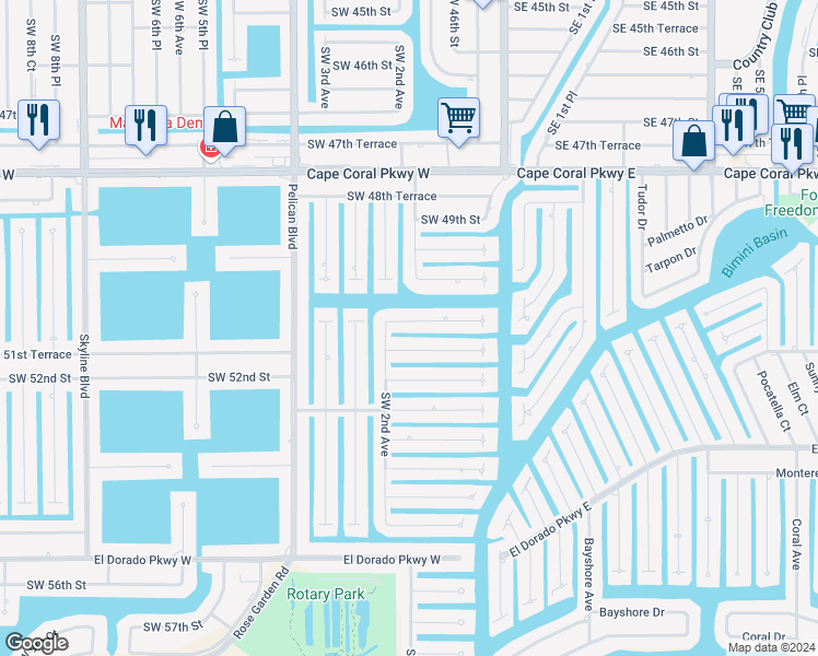 map of restaurants, bars, coffee shops, grocery stores, and more near 158 Southwest 51st Street in Cape Coral