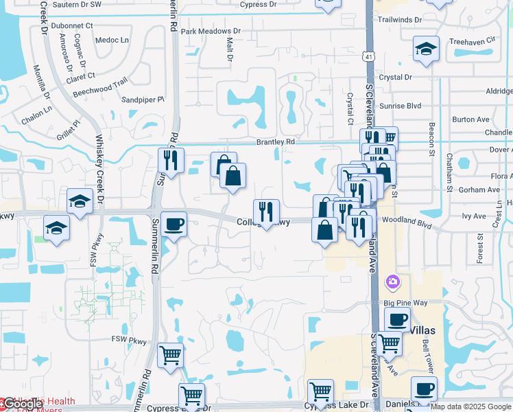 map of restaurants, bars, coffee shops, grocery stores, and more near C Hidden Tree Lane in Fort Myers