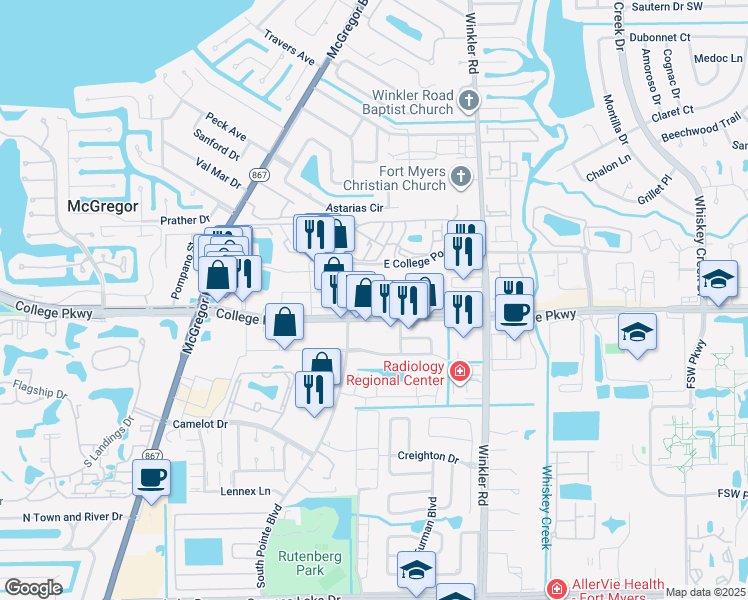 map of restaurants, bars, coffee shops, grocery stores, and more near 8910 College Pkwy in Fort Myers