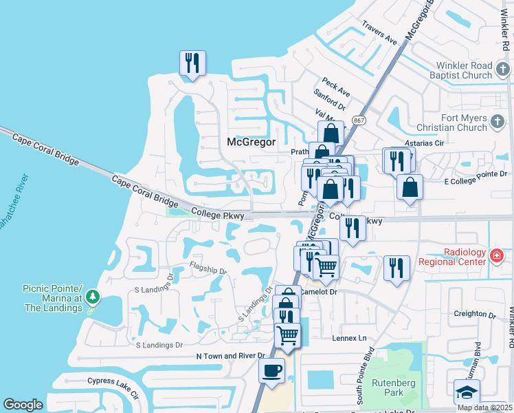 map of restaurants, bars, coffee shops, grocery stores, and more near 4275 Island Circle in Fort Myers