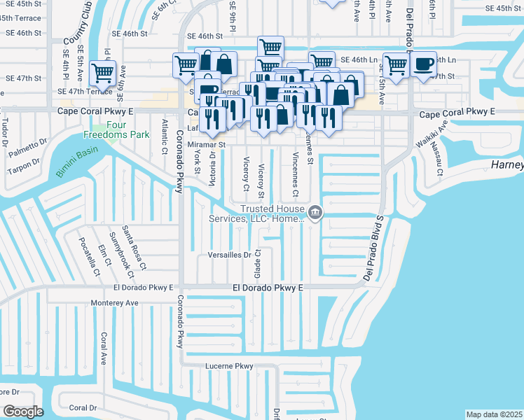 map of restaurants, bars, coffee shops, grocery stores, and more near 4975 Viceroy Street in Cape Coral