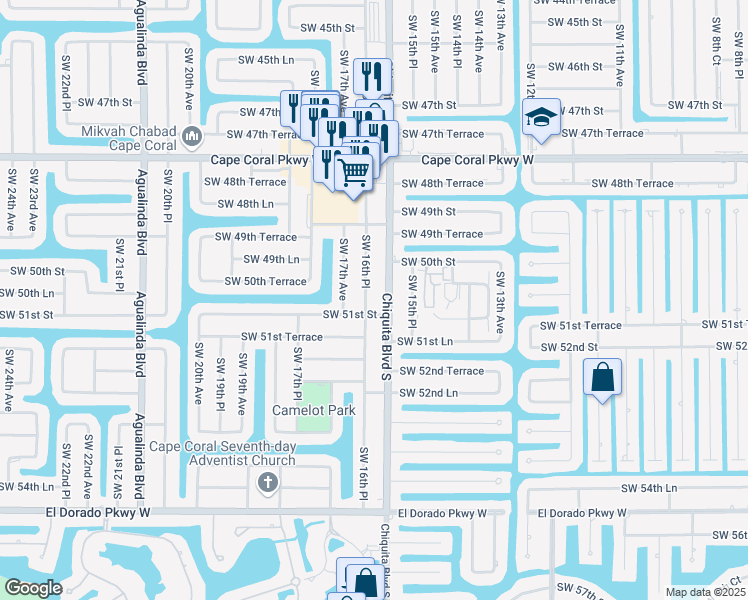 map of restaurants, bars, coffee shops, grocery stores, and more near 5022 Southwest 16th Place in Cape Coral