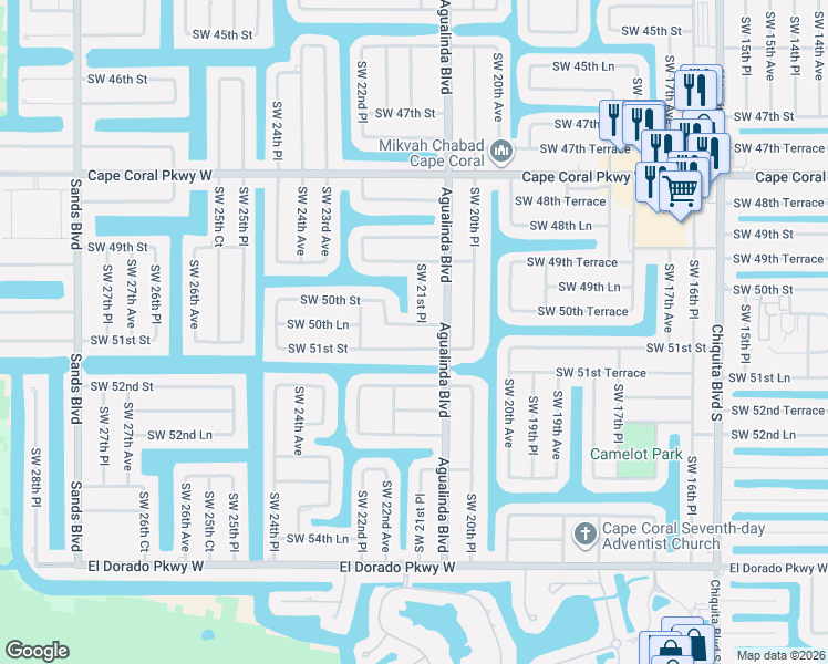 map of restaurants, bars, coffee shops, grocery stores, and more near 2118 Southwest 50th Lane in Cape Coral
