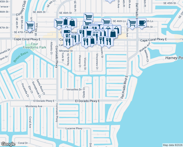 map of restaurants, bars, coffee shops, grocery stores, and more near 4928 Vincennes Street in Cape Coral