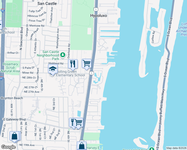 map of restaurants, bars, coffee shops, grocery stores, and more near 161 North Lakeshore Drive in Lake Worth