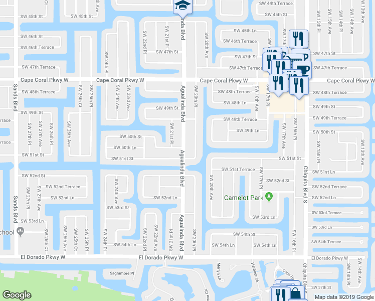 map of restaurants, bars, coffee shops, grocery stores, and more near 5027 Agualinda Boulevard in Cape Coral
