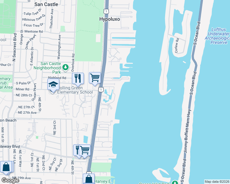 map of restaurants, bars, coffee shops, grocery stores, and more near 88 North Lakeshore Drive in Hypoluxo