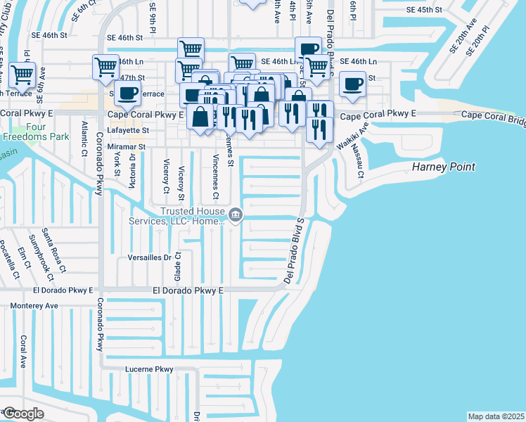map of restaurants, bars, coffee shops, grocery stores, and more near 1424 Viking Court in Cape Coral