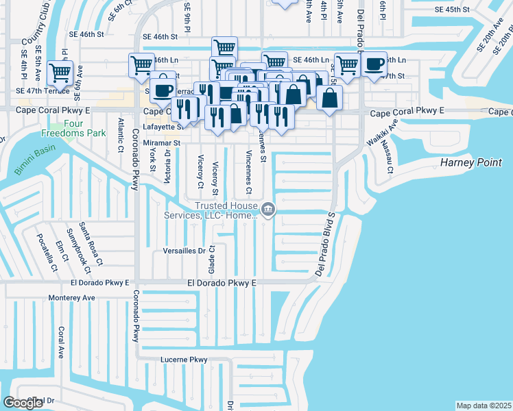 map of restaurants, bars, coffee shops, grocery stores, and more near 4938 Vincennes Street in Cape Coral