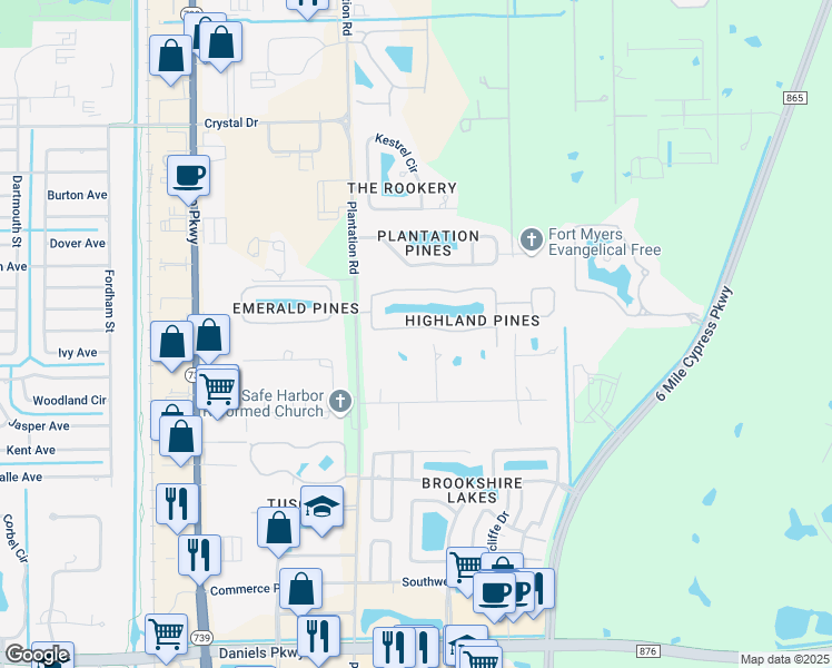 map of restaurants, bars, coffee shops, grocery stores, and more near 6807 Highland Pines Circle in Fort Myers