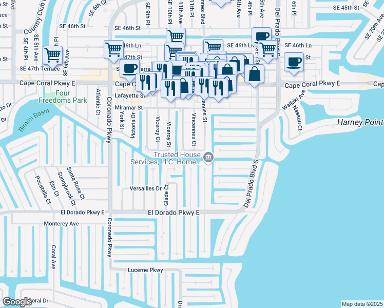 map of restaurants, bars, coffee shops, grocery stores, and more near 4934 Vincennes Street in Cape Coral