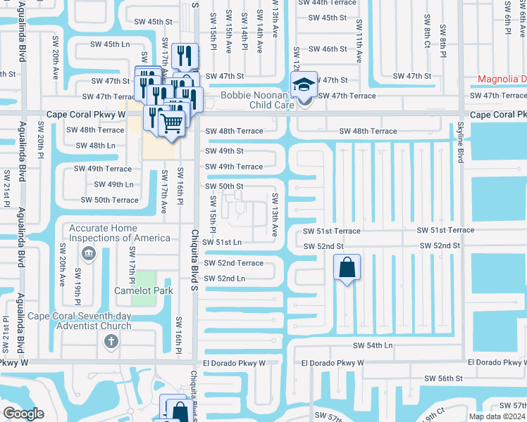 map of restaurants, bars, coffee shops, grocery stores, and more near 5014 Southwest 13th Avenue in Cape Coral