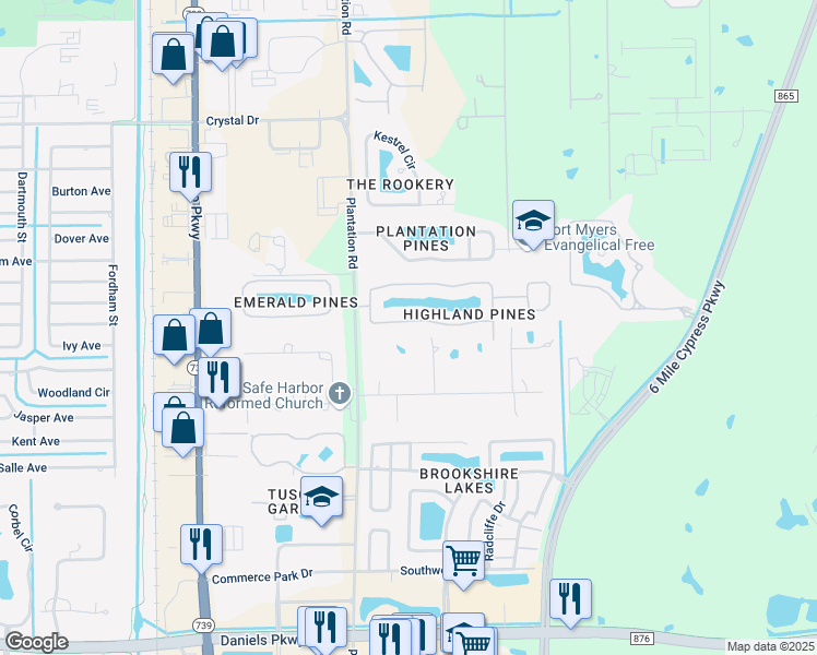 map of restaurants, bars, coffee shops, grocery stores, and more near 6807 Highland Pines Circle in Fort Myers