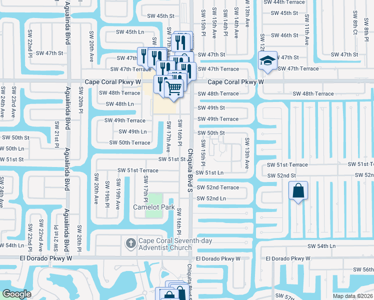 map of restaurants, bars, coffee shops, grocery stores, and more near 5027 Chiquita Boulevard South in Cape Coral
