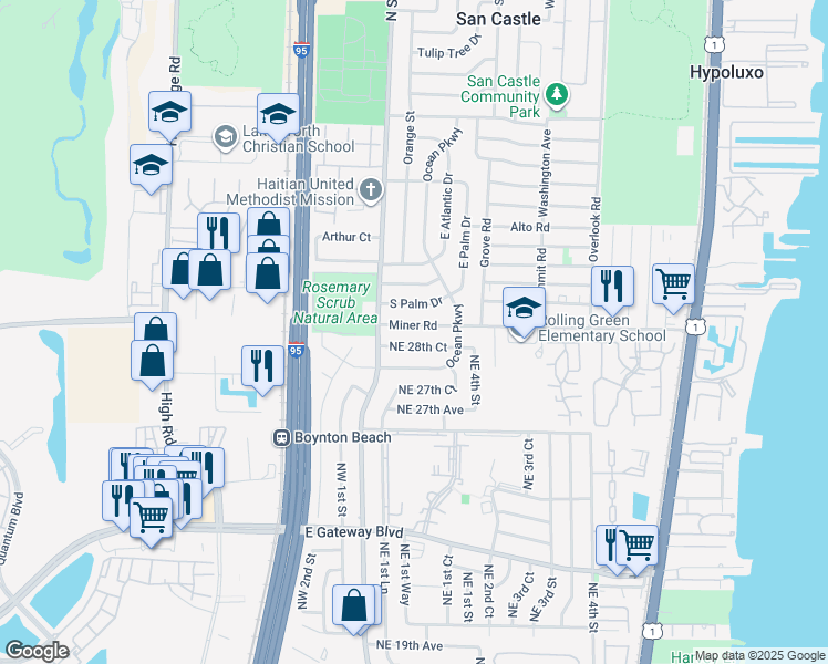 map of restaurants, bars, coffee shops, grocery stores, and more near 170 Miner Road in Boynton Beach