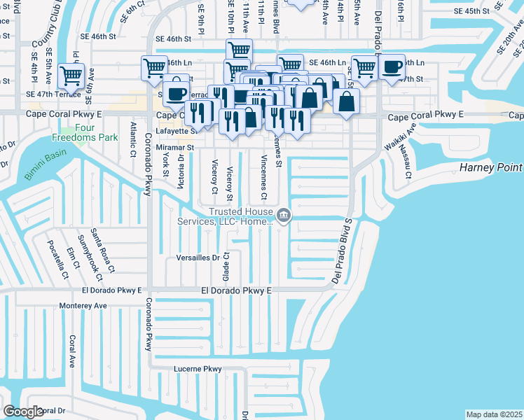 map of restaurants, bars, coffee shops, grocery stores, and more near 4934 Vincennes Street in Cape Coral