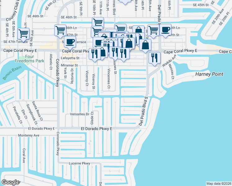 map of restaurants, bars, coffee shops, grocery stores, and more near 4940 Vincennes Street in Cape Coral