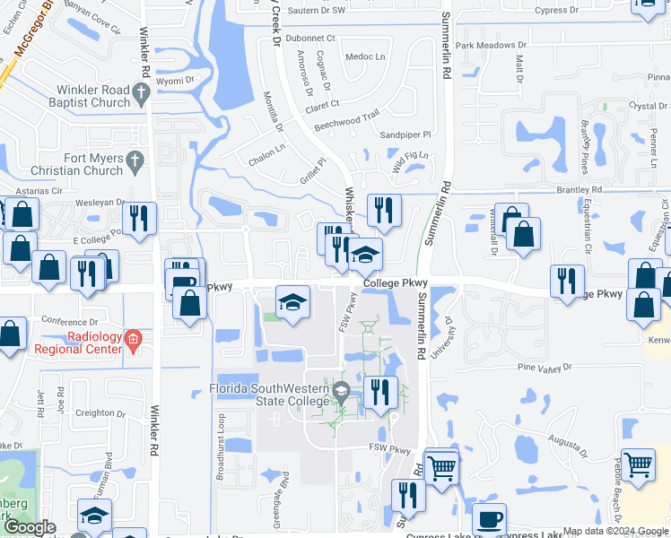 map of restaurants, bars, coffee shops, grocery stores, and more near 6100 Whiskey Creek Drive in Fort Myers