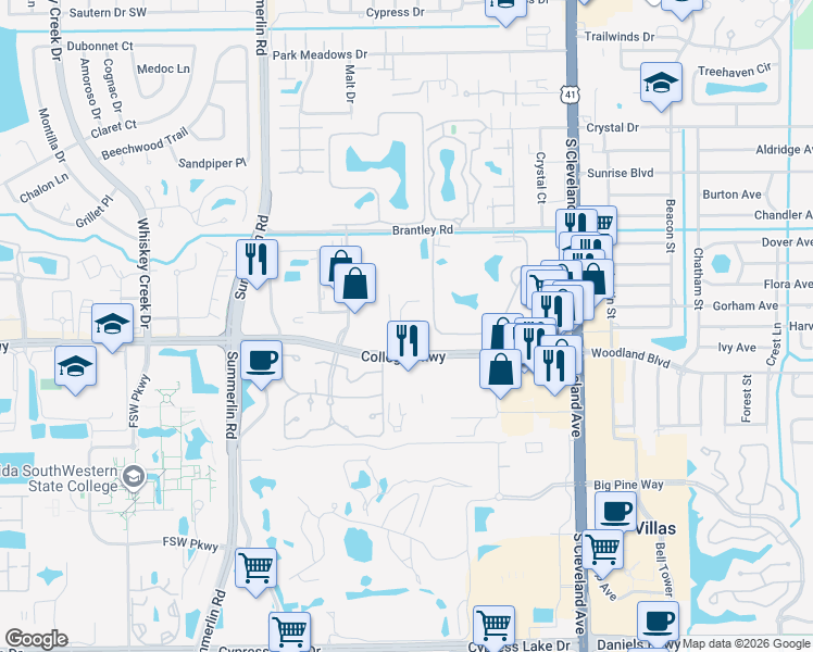 map of restaurants, bars, coffee shops, grocery stores, and more near 7400 College Parkway in Fort Myers