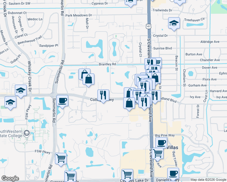 map of restaurants, bars, coffee shops, grocery stores, and more near 12551 Equestrian Circle in Fort Myers