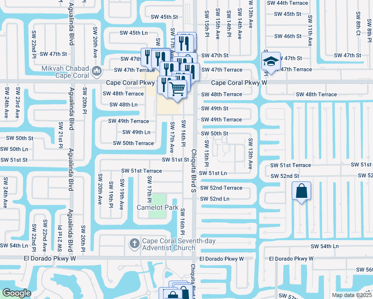 map of restaurants, bars, coffee shops, grocery stores, and more near 5022 Southwest 16th Place in Cape Coral