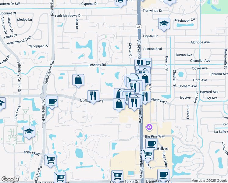 map of restaurants, bars, coffee shops, grocery stores, and more near 12620 Equestrian Circle in Fort Myers