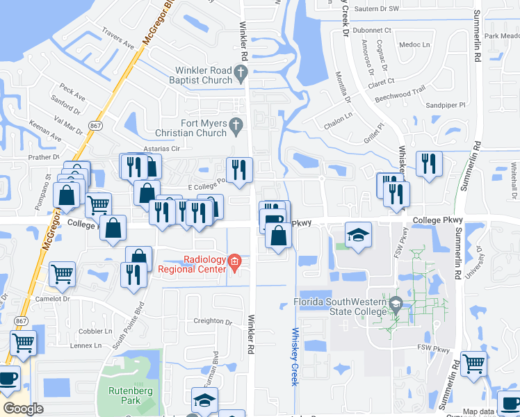 map of restaurants, bars, coffee shops, grocery stores, and more near 4809 Bluefish Court in Fort Myers