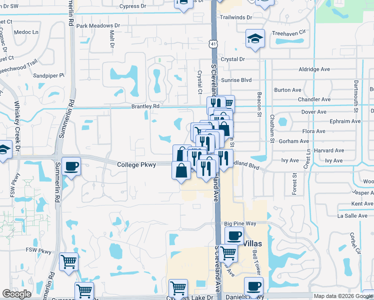 map of restaurants, bars, coffee shops, grocery stores, and more near 7130 College Parkway in Fort Myers